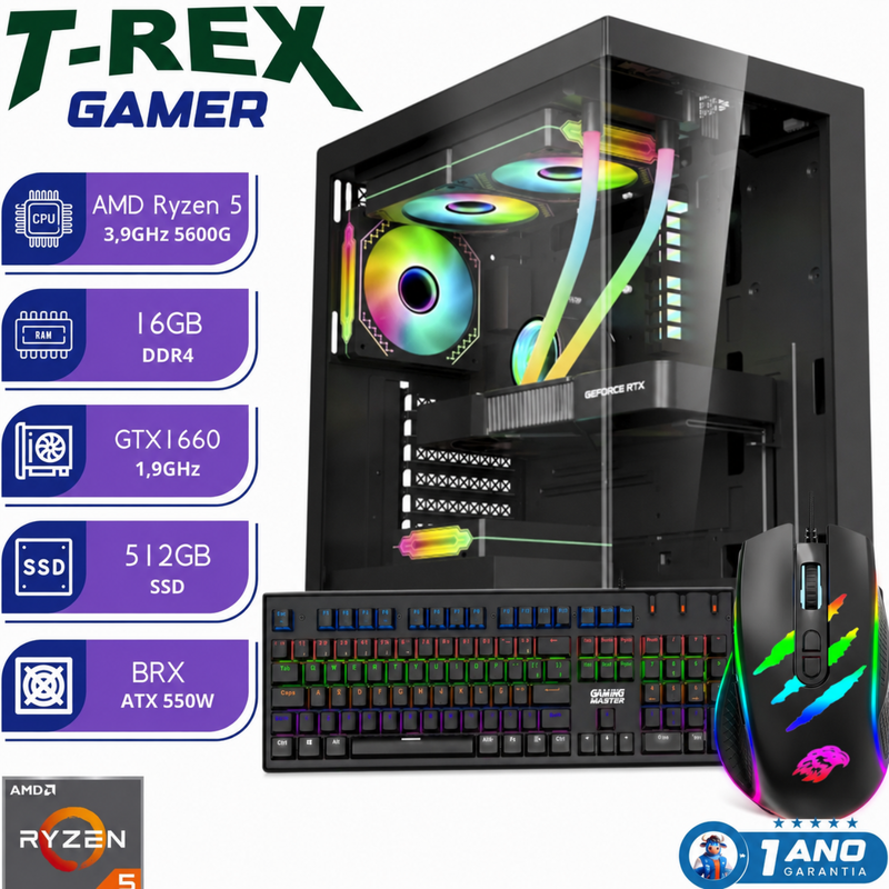 PC Gamer T-REX TC500 Ryzen 5 5600G GTX 1660 6GB 16GB SSD 512GB