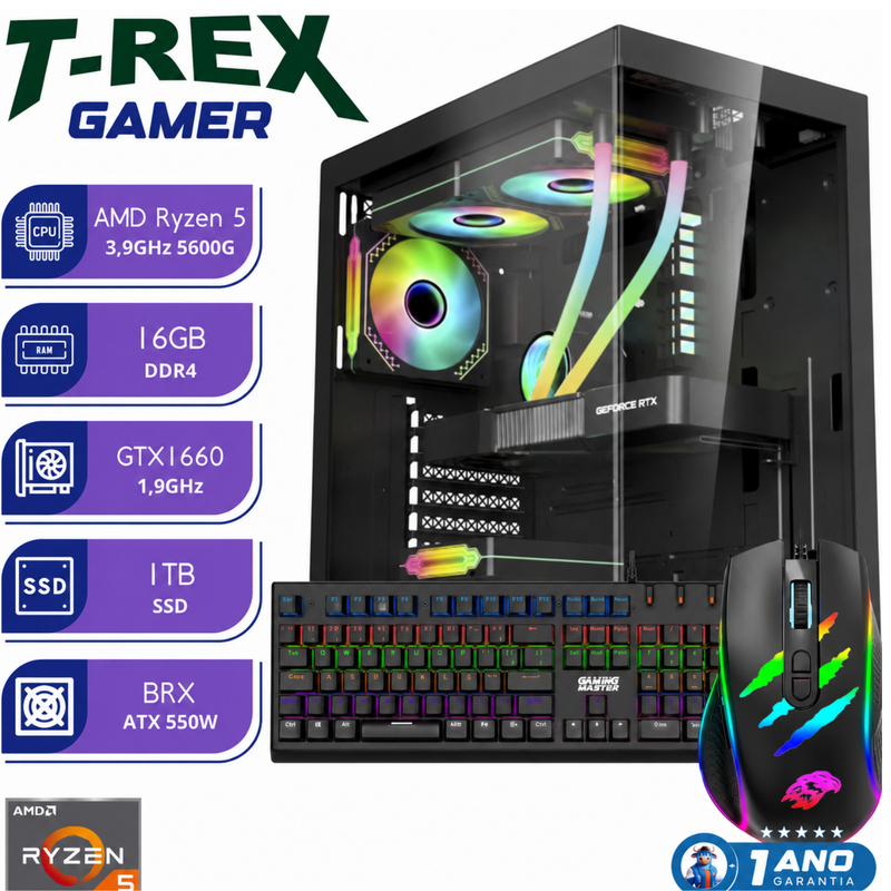 PC Gamer T-REX Ryzen 5 5600G 16GB DDR4 1TB GTX 1660