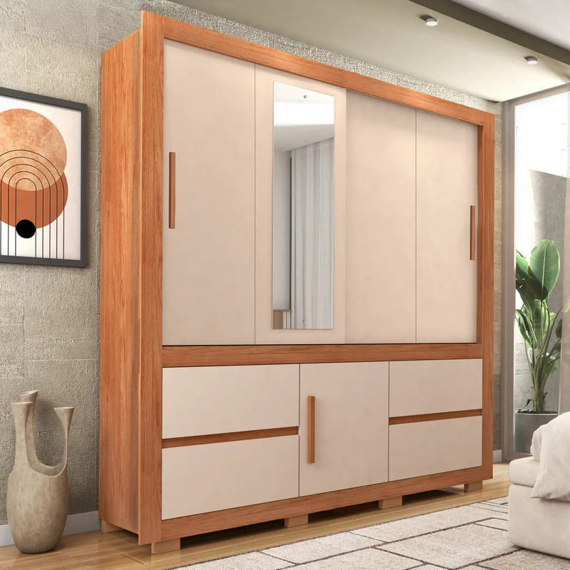 Guarda-Roupa Solteiro Optimus 1,9 3 Portas 4 Gavetas Caemmun com Espelho