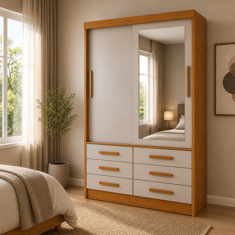 Guarda-Roupa Solteiro Buriti 2 Portas 6 Gavetas com Espelho Novo Horizonte