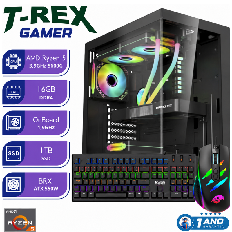 PC Gamer T-REX Ryzen 5 5600G 16GB SSD NVMe 1TB Vídeo Integrado