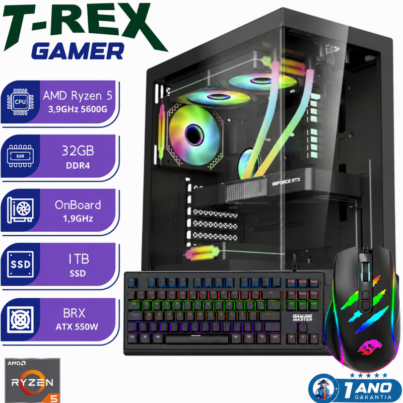 PC Gamer T-REX TC500 Ryzen 5 5600G 32GB SSD 1TB Vídeo Integrado