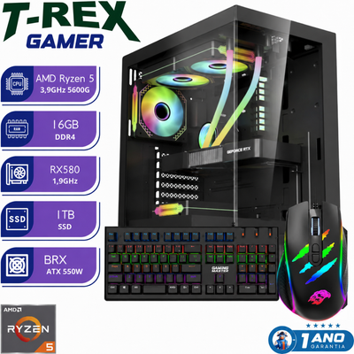 PC Gamer T-REX Ryzen 5 5600G 16GB SSD NVMe 1TB RX580 8GB Gabinete Gamer com Teclado e Mouse